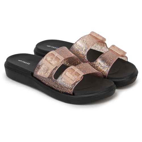 Image of TRASE Women's Glitter Slide Slippers| Double Strap Flat Slippers With Soft Cushioned Sole | Lightweight, Comfortable And Waterproof Slip-on Chappal | Stylish Daily And Casual Use Flip Flops