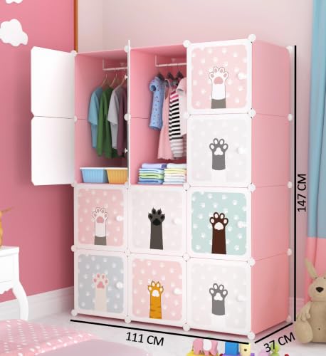 Image of 12 Door Plastic Wardrobe for Kids - Cupboard for Clothes Storage Rack, Almirah for Clothes, Baby Collapsible Wardrobe, Multi-Purpose Kids Storage Organizer for Books,Toy (Pink-KTN1, 12-Door)