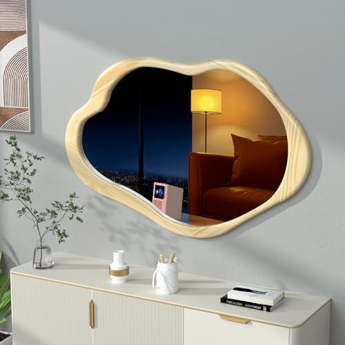 osemy 42"x 28" Irregular Wall Mirror, Natural Wood Framed Wall Mirror, Asymmetrical Wall Wavy Mirror for Living Room Bedroom Entryway Bathroom Modern Decorative Cloud Mirror Hanging Hooks