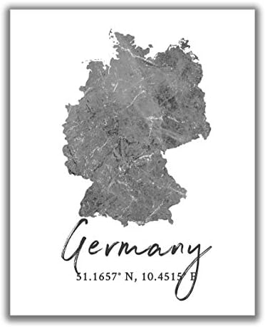 Germany Map Wall Art Print - 8x10 Silhouette Decor Print with Coordinates. Makes a Great German-Themed Gift. Shades of Grey, Black & White.