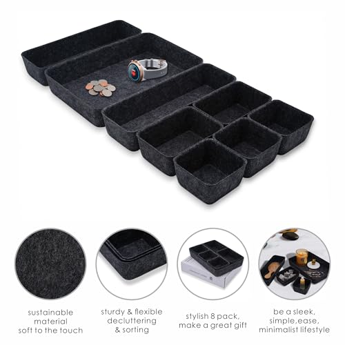 Image of Welaxy Minimalist Felt Desk Drawer Organizer 8-Piece Charcoal Storage Bins