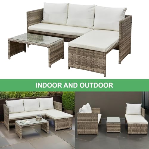 Florence 3-Seater Rattan Garden Furniture Set with Table - Comfortable Chaise Corner Sofa with Tempered Glass Table for Outdoors, Patio, Decking, Conservatory & Balcony - Beige 6 Florence 3-Seater Rattan Garden Furniture Set with Table - Comfortable Chaise Corner Sofa with Tempered Glass Table for Outdoors, Patio, Decking, Conservatory & Balcony - Beige - Image 6