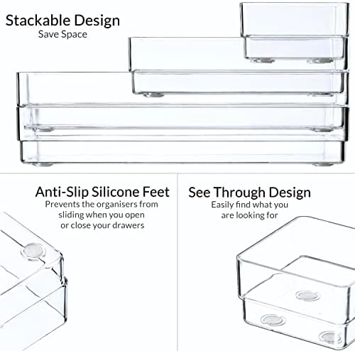 Unique Impression Set of 15 Drawer Organiser Trays Clear Drawer Dividers For Make-up - Organiser for Bedroom, Bathroom, Office, Kitchen - Drawer Organisers For Cosmetics, Stationery