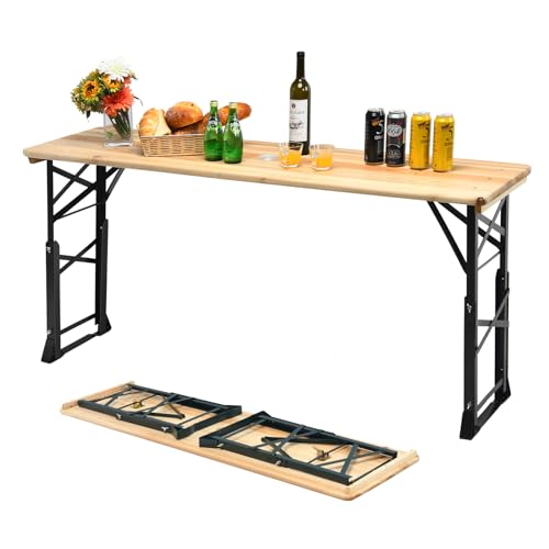 KOMFOTTEU Mesa Plegable de Camping de Madera Maciza, Mesa de Picnic con Orificio de Sombrilla y Altura Ajustable, para Jardín, Terreza, Picnic, Fiesta, 168,5 x 50 x 75/105 cm