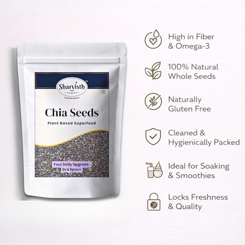 Image of Sharvisth Chia Seeds | 100g | Omega-3 Rich Superfood Seeds | Seeds for Weight Management | High Fiber, Protein & Calcium | Antioxidant & Iron Source | Healthy Snacks for Smoothies, Pudding & Eating | Resealable Pack