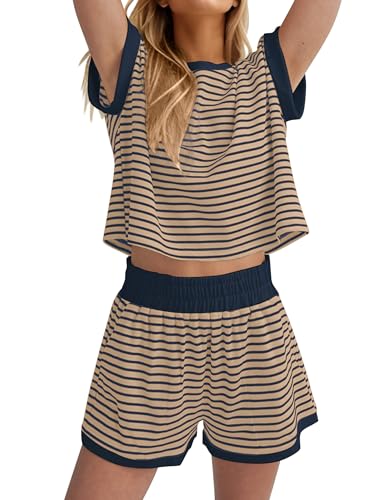 Image of MISSACTIVER 2 Piece Lounge Set Women Stripe Knit Short Sleeve Tee Shirts Shorts Casual Summer Loungewear Shorts Sets