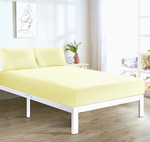 EXQUIZIT HOME® Fitted Bed Sheet Easy Care Poly Cotton Soft Deep Fitted Sheet Wrinkle Resistant Breathable Hotel Quality Machine Washable Bedding (King, Lemon)