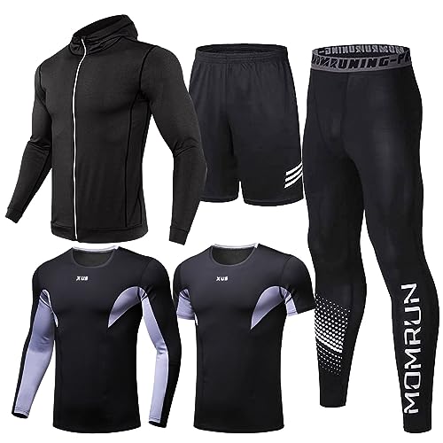 BOOMCOOL 5Pcs Gym Clothes Men Tracksuit Sets Running Wear Compression Shirts Sleeve Tops Jackets Long Suits Leggings Shorts Sports Activewear for Athletic Workouts-XL