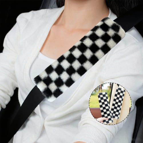 Gwwens 2PCS Black and White Checkered Fuzzy Soft Auto Rubber Seat Belt Cover Seatbelt Shoulder Pad for A More Comfortable Driving, Suitable for Car Interior Accessorie by Gwwens - Image 5