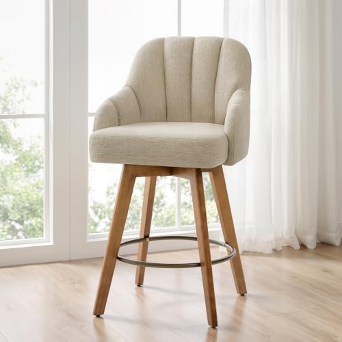Butaco de altura de barra giratorio individual de 27 pulgadas, color arena | Butacos escultóricos envolventes para isla de cocina, estilo medio siglo, madera de caucho maciza, asiento amplio de lino, capacidad de 350 libras miniatura 3