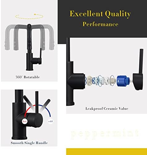 Black Kitchen Taps with Pull Out Spray, Peppermint Matte Black Kitchen Mixer Tap with Pull Down Sprayer Single Lever Pull Out Kitchen Sink Taps 360 Swivel Spray Stream Kitchen Faucet