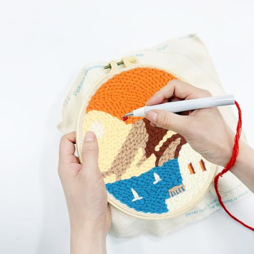 Image of Zhenqing Sunset Seascape Punch Needle Kit for Beginners - 29x29cm Embroidery with 20cm Hoop, Coarse Cotton Thread & Tools, Coastal Landscape Design(Z95113C)