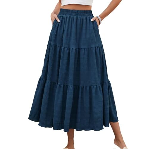 HUSKARY Women's Summer Casual Elegant Smock Layered Tiered Maxi Skirt High Waisted A Line Flowy Long Skirts with Pockets Large Sapphire
