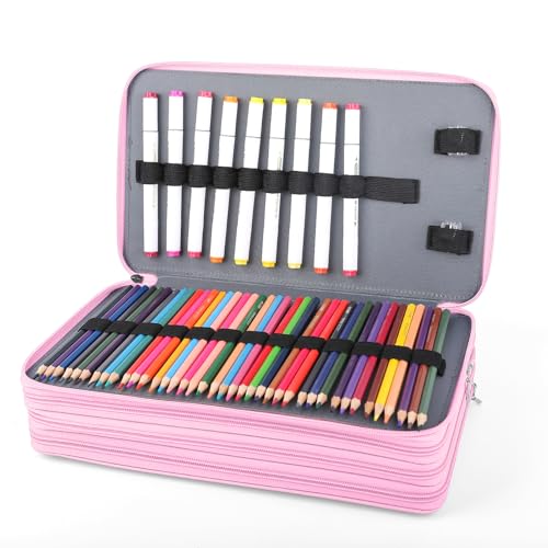 Image of Vomgomfom Large Capacity Pencil Case - Zipper Closure Twill Fabric Case for 300 Colored Pencils or 200 Gel Pens, Artist Organizer (Pink Rose)