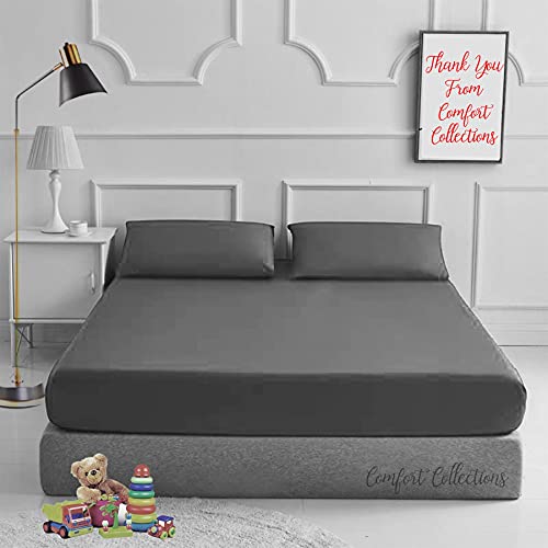 Fitted Bed Sheet With FREE MATCHING 2 X PILLOW CASES Poly Cotton Percale Easy Care Plain Dyed Bed Sheet Grey Double