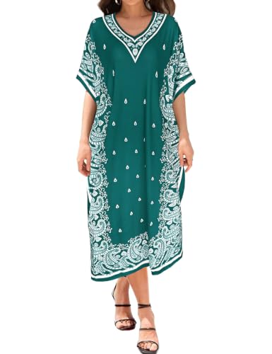 Image of Bloggerlove Women's Caftan Nightgown with Pockets, Long House Dress | Half Sleeve, Kaftan, Mumu Dress, Sleepwear, V-Neck, Full Length, Lounge Dress, 2 Side Pockets