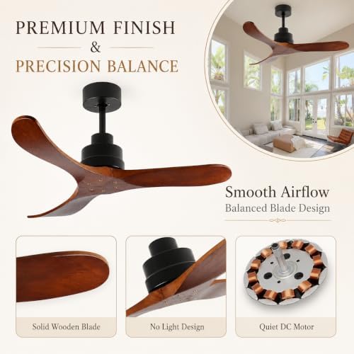 Wood Ceiling Fan Without Light, Quiet Reversible DC Motor, Remote (Brown) - 5