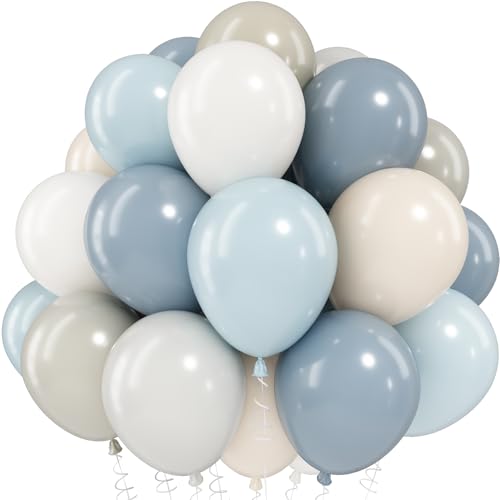 Image of Dusty Blue Balloons, 60 PCS 12 Inch Fog Slate Pastel Blue White Sand Cream Beige Gray Latex Balloon for Baby Boy Shower Bridal Shower Wedding Bachelorette Gender Reveal Birthday Party Decorations