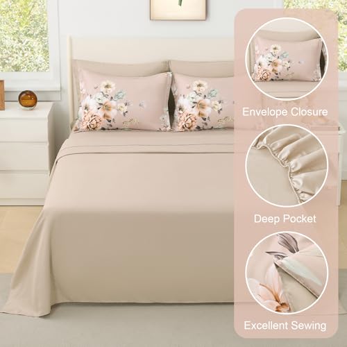 Image of Floral Comforters Queen Size 7 Pieces Botanical Dusty Pink Flower Bed in a Bag Ulter Soft Microfiber Bedding Set, Lightweight Bed Comforter Set with Sheets for All Season (Dusty Pink, Queen)