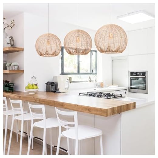 1-Light Pendant Lighting Rattan Hanging Light Weaving Natural Wooden Ceiling Light Wicker Chandelier with Adjustable Cord for Dining Room Living Room