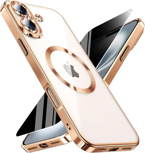 Image of Magnetic for iPhone 16 Case with Privacy Screen Protector & Full Camera Cover,[Non-Yellowing] Plating Glossy Soft Shockproof Clear Phone Case with MagSafe Women Girls for iPhone16 6.3 inch,Gold