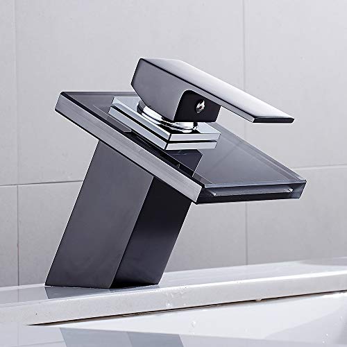 Waterfall Basin Sink Mixer Tap Chrome Modern Bathroom Lever Faucet Glass Spout Single Handle Washroom Basin Mixer Taps Black - Image 4