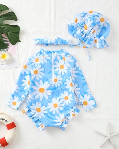 Image of Renotemy Baby Girls Swimsuit Drawstring Zip Bathing Suit Long Sleeve One-Piece Rash Guard Swimwear with Hat for Infant Girl