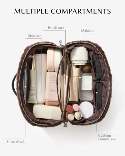 Image of EACHY Travel Makeup Bag, Large Capacity Cosmetic Bag for Women, Waterproof PU Leather, Flat Open Portable Toiletry Bag for Skincare, Brushes & Travel Essentials