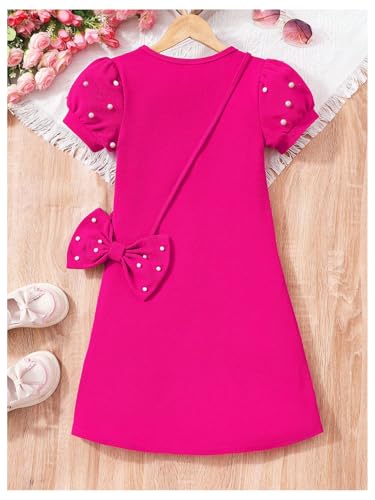 WDIRARA Girl's Pearls Puff Sleeve Dress Cute Birthday Party Dresses with Bowknot Bag2