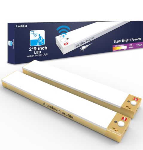 Image of Leetdud Under Cabinet Lighting Plug in 9 Inch, 120V Motion Sensor Lights Indoor, 3CCT 3000 /4000 /5000K, Aluminum Linkable Super Bright LED Counter Light with Timer for Kitchen, Closet, Golden, 2 Pack