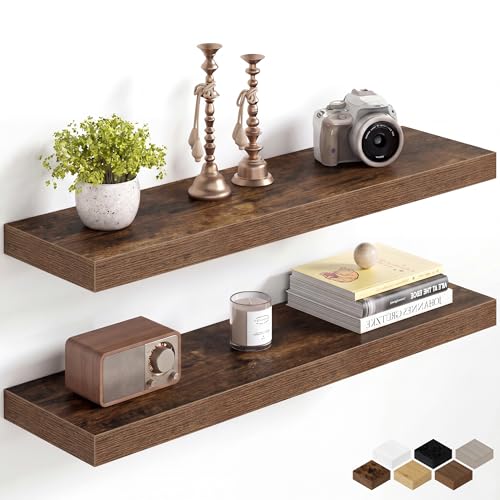 Image of Fun Memories 30Inch Floating Shelves for Wall, 8 Inch Deep Shelves for Bathroom|Bedroom|Kitchen Wall Mounted, Wood Hanging Shelf with Invisible Brackets for Home Storage Decor, Rustic Brown - 2 Pack