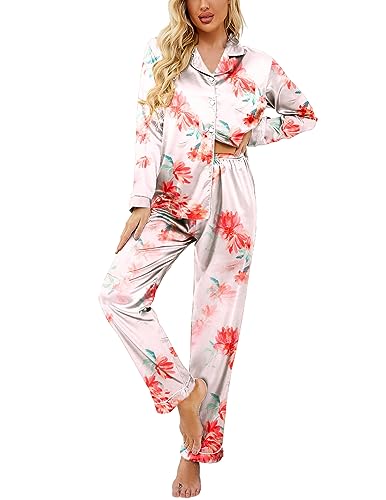 Ekouaer Women's Classic Button Down Long Satin Silk Pajama Set,XX-Large,Pink Floral