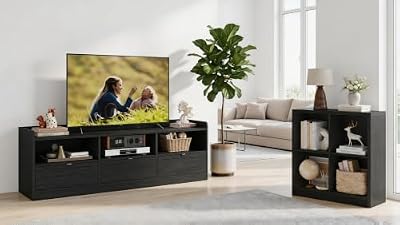 FATORRI Wood TV Stand with Drawers and 4 Cube Bookcase Set of 2, Bookshelf & Entertainment Center with Storage for Living Room, Bedroom, Black