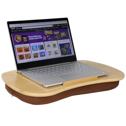 SANJIMO Lap Desk for Laptop with Cushion-Fits up to 17 inch, Bamboo Computer Laptop Stand with Phone Hoder, Anti-Slip Stopper