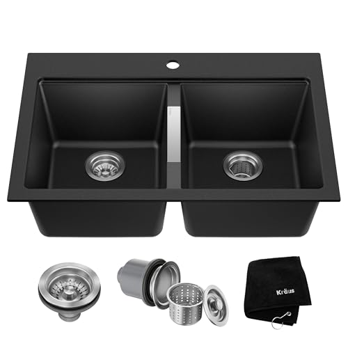 Comparison: Best Sinks For Granite Countertops 2 KRAUS Quarza 33-inch Drop-In/Undermount 50/50 Double Bowl Granite Kitchen Sink in Black Onyx, KGD-433B