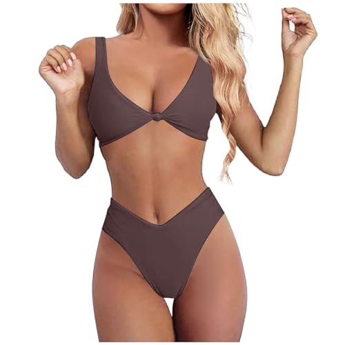 Traje de Baño 2 Piezas Para Mujer Cuello en V Sexy Push Up Top de Bikini y Bañador Triángulo Cintura Alta Verano Secado Rápido Color Sólido Traje Baño Conjunto Playa Piscina Bikini Bañador (Coffee, M)
