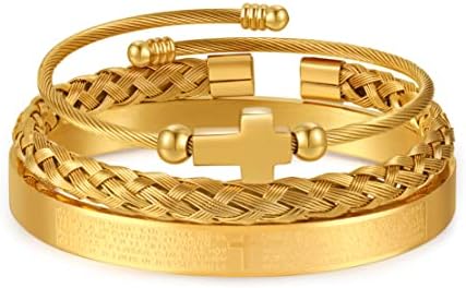 RINTOLER 3pc Stainless Steel Bracelets for Men Gold Roman Numeral Men's Imperial Crown Twisted Cable Bangle Bracelet