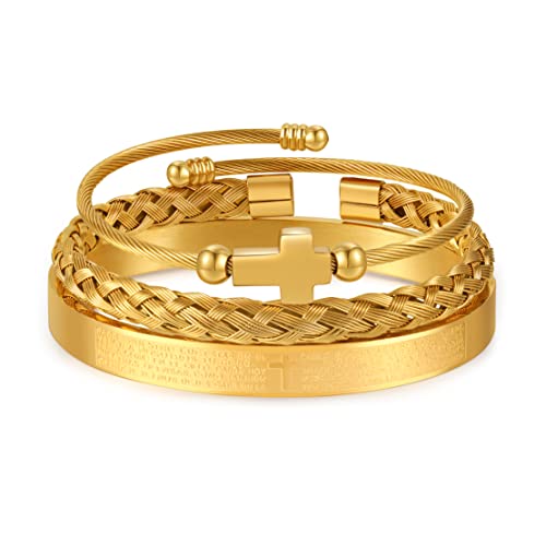 Rintoler 3Pc Stainless Steel Bracelets For Men Gold Roman Numeral Men's Imperial Crown Twisted Cable Bangle Bracelet #TOP2