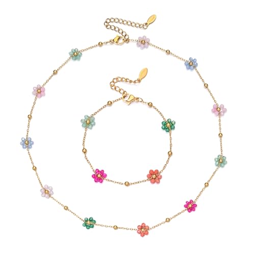GILIEYER Daisy Flower Necklace and Bracelet Set for Women, Cute Colorful Daisy Flower Choker 14K Gold Plated Beaded Pearl Choker for Women Spring Jewelry Gifts for Her (Colorful)