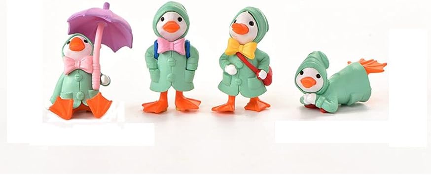 Kopida 4pcs/Set Mini Duck Figurine Umbrella Raincoat Cartoon Duck Yellow Ducklings for Farm Figurines Moss Landscape Garden Decor