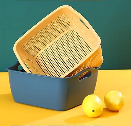 Jucoan 2 Pack 9 & 8 Quart Large Kitchen Strainer Colander Bowl Set, Double-Layer Plastic Fruits Vegetable Washing Basket, Drain Bowls For Cleaning Washing Mixing, Detachable (Blue, Orange) #TOP2