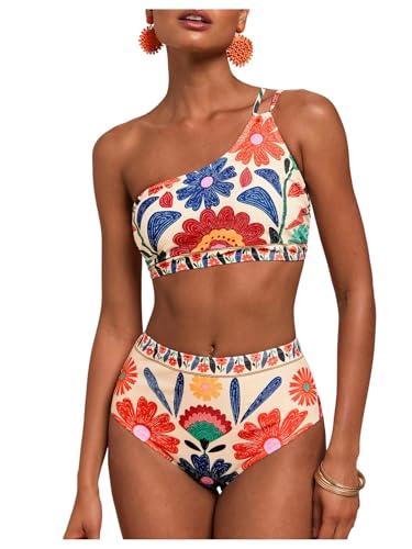 GORGLITTER Women's Floral One Shoulder Swimsuits Tummy Control High Waisted Bikini Sets Bathing Suit 2 Piece Swim Wear