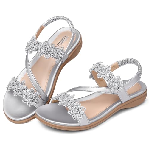 Image of TEMOFON Sandals for Women Flat Dressy Summer Flower Sandals with Ankle Strap Comfortable Casual Walking Flat Sandals Size 5-11