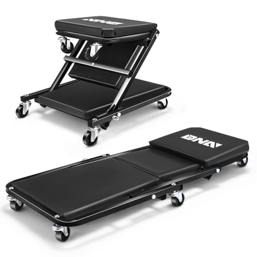 DNA Motoring 36 Inches Folding 2 in 1 Rolling Z Creeper, Adjustable Roller Garage Chair Lay Down or Sit, 6 Pcs Casters, 330 LBS / 150kg Weight Capacity, Black, TOOLS-00493