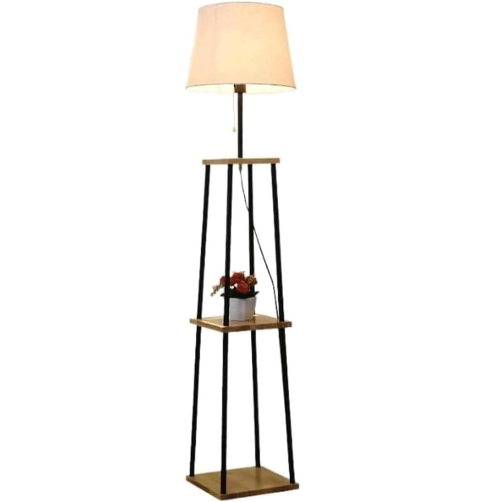 Lampa Stojąca Salon Lampa Podłogowa W Stylu Nordyckim, Abażur Z Tkaniny, Lampa Stojąca Z 2-poziomową Drewnianą Półką, Lampka Do Czytania, Wysokie Lampy Lampa Podłogowa Sypialnia