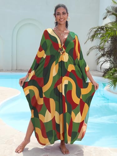 Image of IMAGEKOPE Women's Plus Size Animal Print V-Neck Batwing Kaftan Beach Dress Bathing Suit Cover-Up Loungewear
