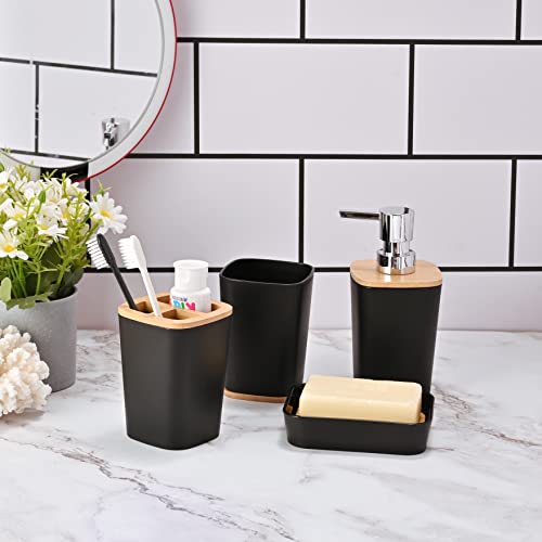 Yorkmills 6 Pieces Bamboo Bathroom Accessories set, Luxury Bathroom Accessory Set, Bathroom Bin And Toilet Brush Set, Toothbrush Holder Tumbler Soap Dish Trash Can Soap Dispenser Bath Set Gift - Image 5