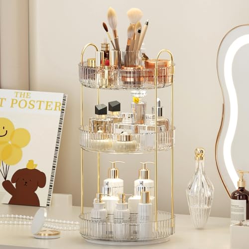 Image of 360 Rotating Makeup Organizer, Upgraded 3 Tier Skincare Perfume Organizers for Women, Bathroom Organizer Countertop, Clear Cosmetic Dresser Organizer with Makeup Brush Holder, Sink&Counte (Clear)