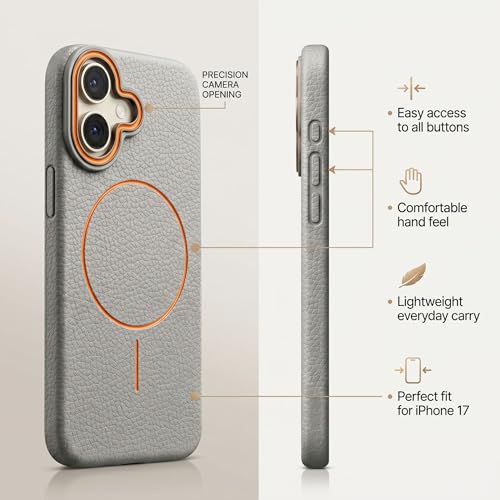 Image of amazon basics Luxury MagSafe Compatible Leather Texture Back Cover for iPhone 16 | Raised Camera Protection | Slim Fit Shockproof Case with Metallic Accents (Gray)