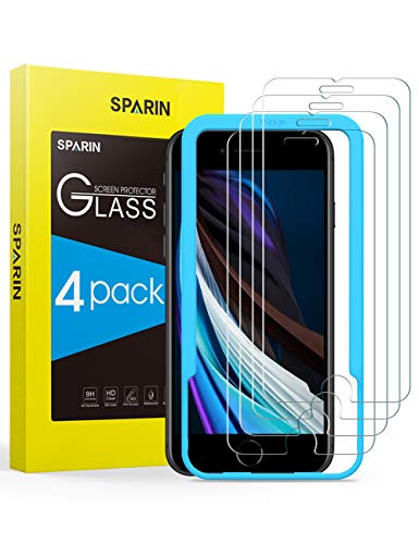 SPARIN [Lot de 4] Verre Trempé Compatible avec iPhone SE 2020, iPhone SE 2, iPhone 8, iPhone 7 / 6s Film Protection Écran, Vitre Protecteur avec Outil D'alignement Facile, 9H Dureté